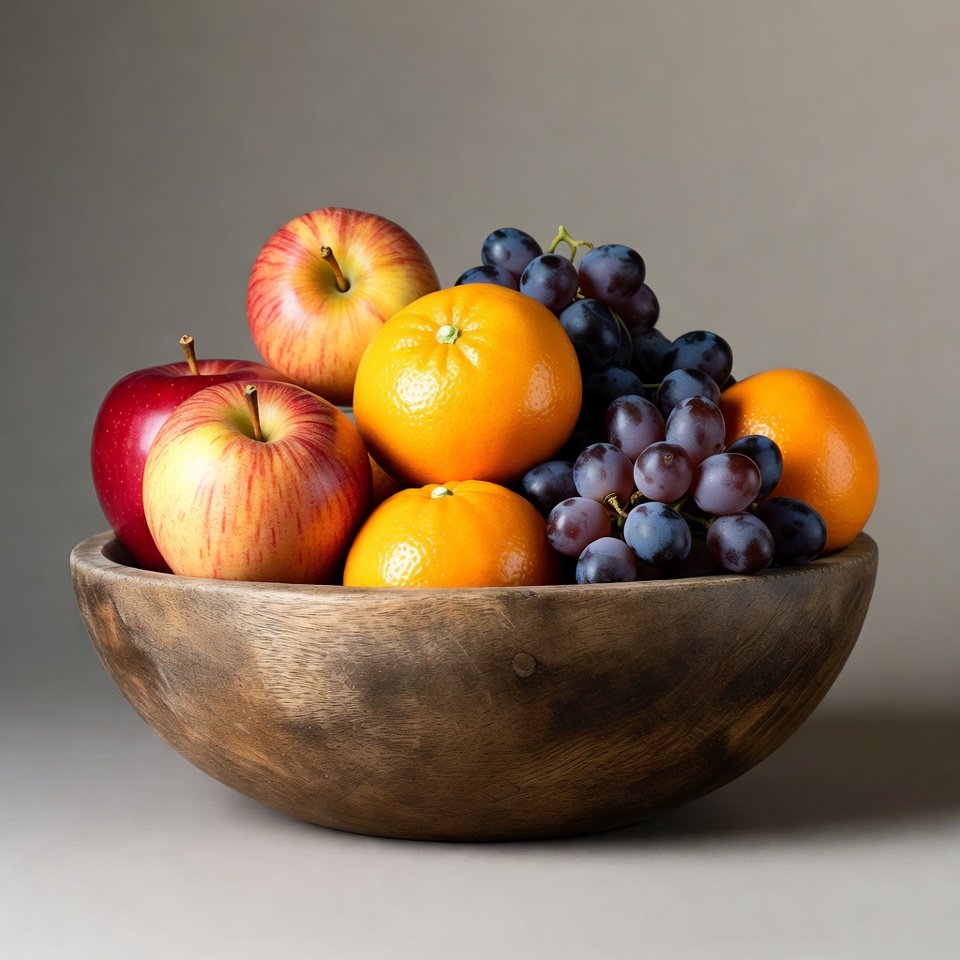 Wooden bowl of apples oranges grapes Wooden bowl of apples oranges grapes