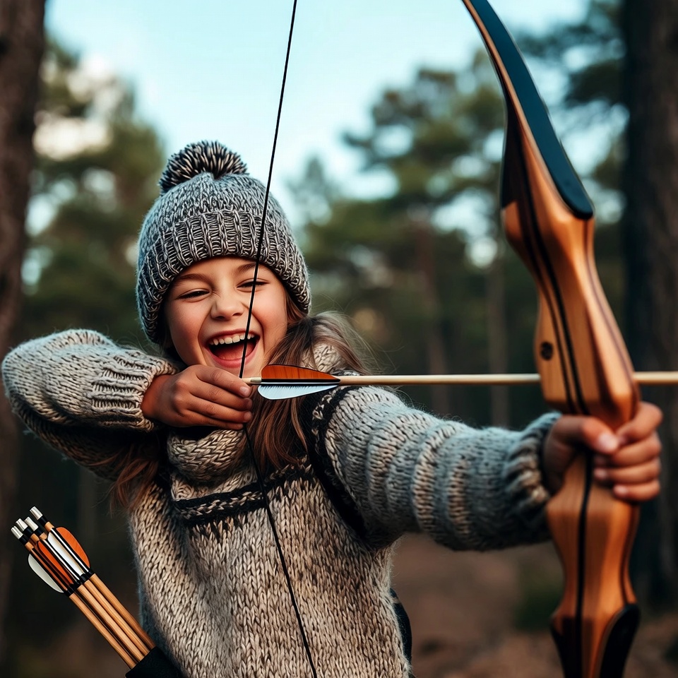Girl shooting bow and arrow in forest Girl shooting bow and arrow in forest