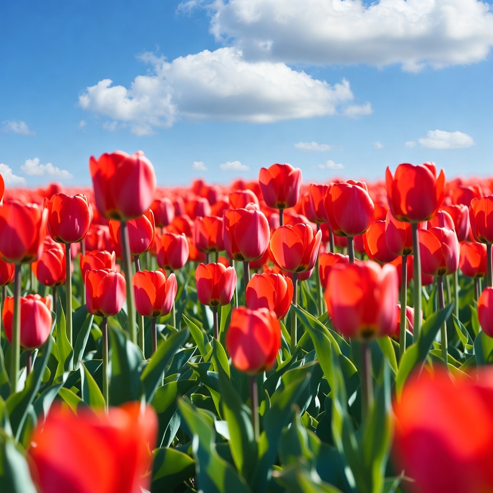 Red Tulip Field Under Blue Sky Red Tulip Field Under Blue Sky