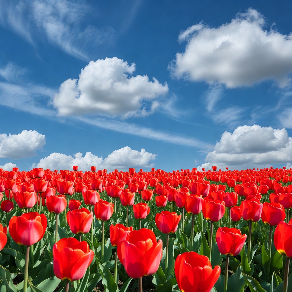 Red Tulip Field Under Blue Sky Red Tulip Field Under Blue Sky