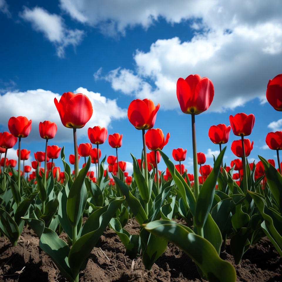 Red Tulip Field Under Blue Sky Red Tulip Field Under Blue Sky