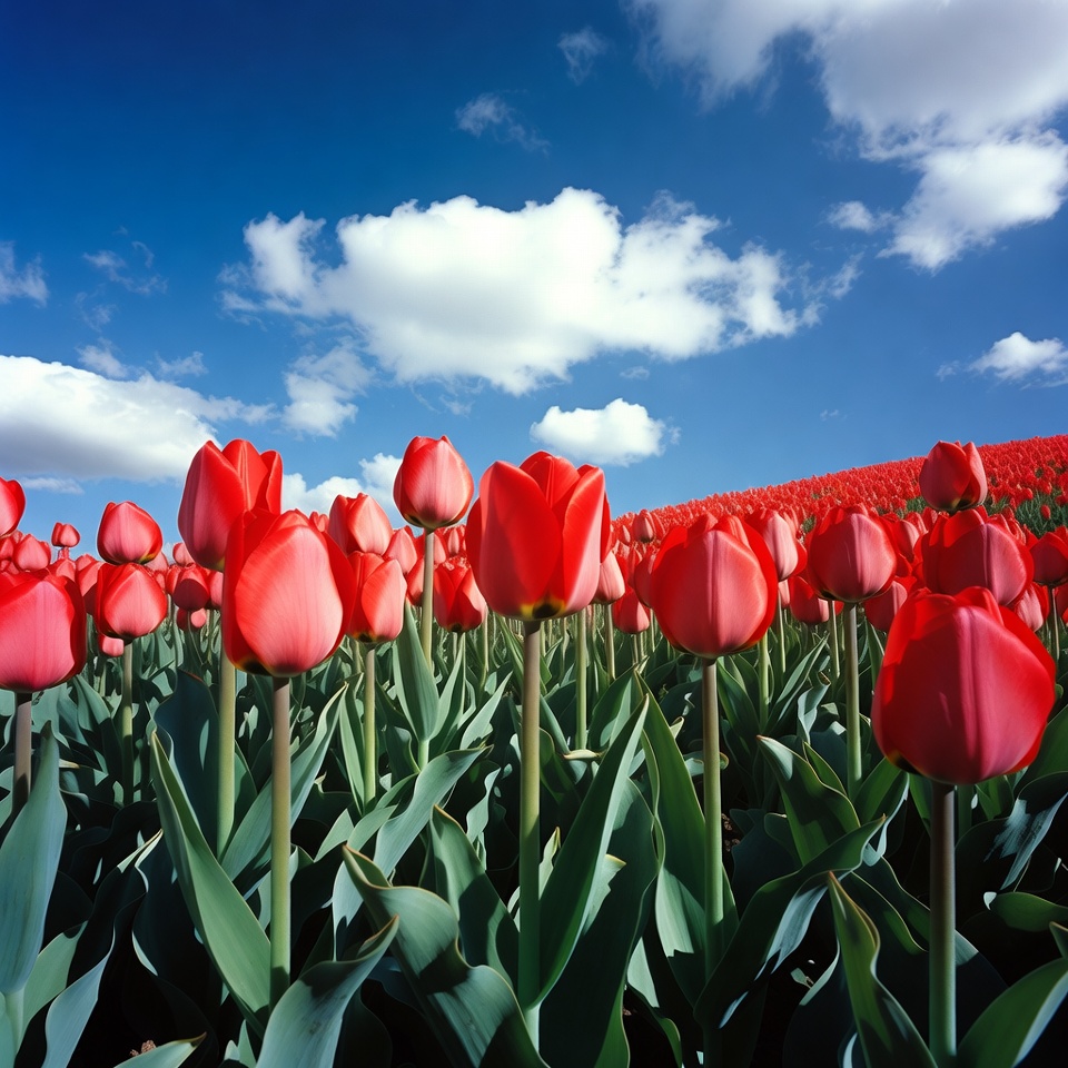 Red Tulip Field Under Blue Sky Red Tulip Field Under Blue Sky