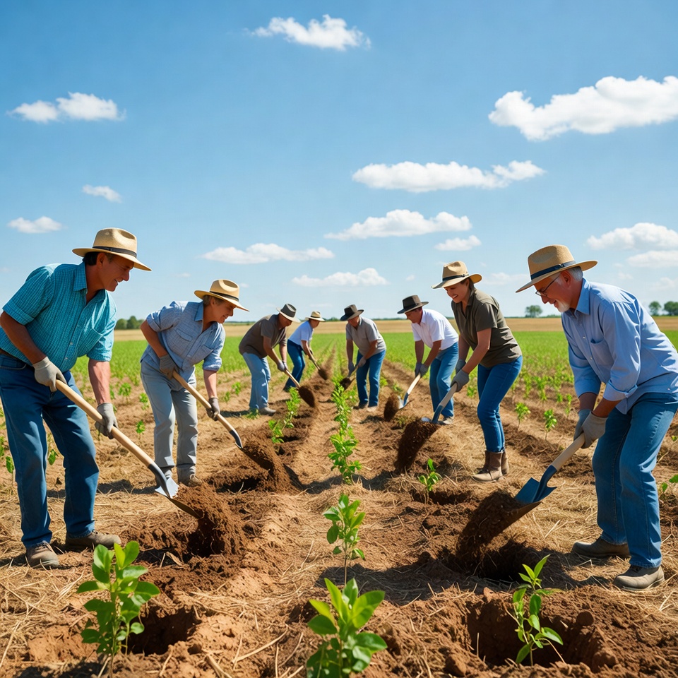 Farmers planting seedlings in field Farmers planting seedlings in field