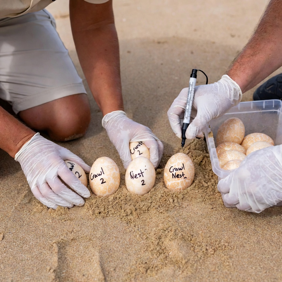 Scientists labeling turtle eggs on beach Scientists labeling turtle eggs on beach