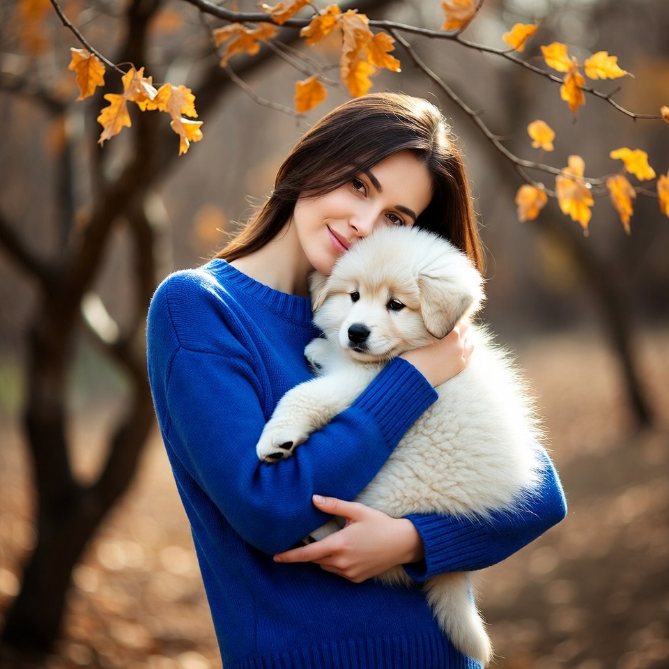 Woman holding Samoyed puppy in autumn Woman holding Samoyed puppy in autumn