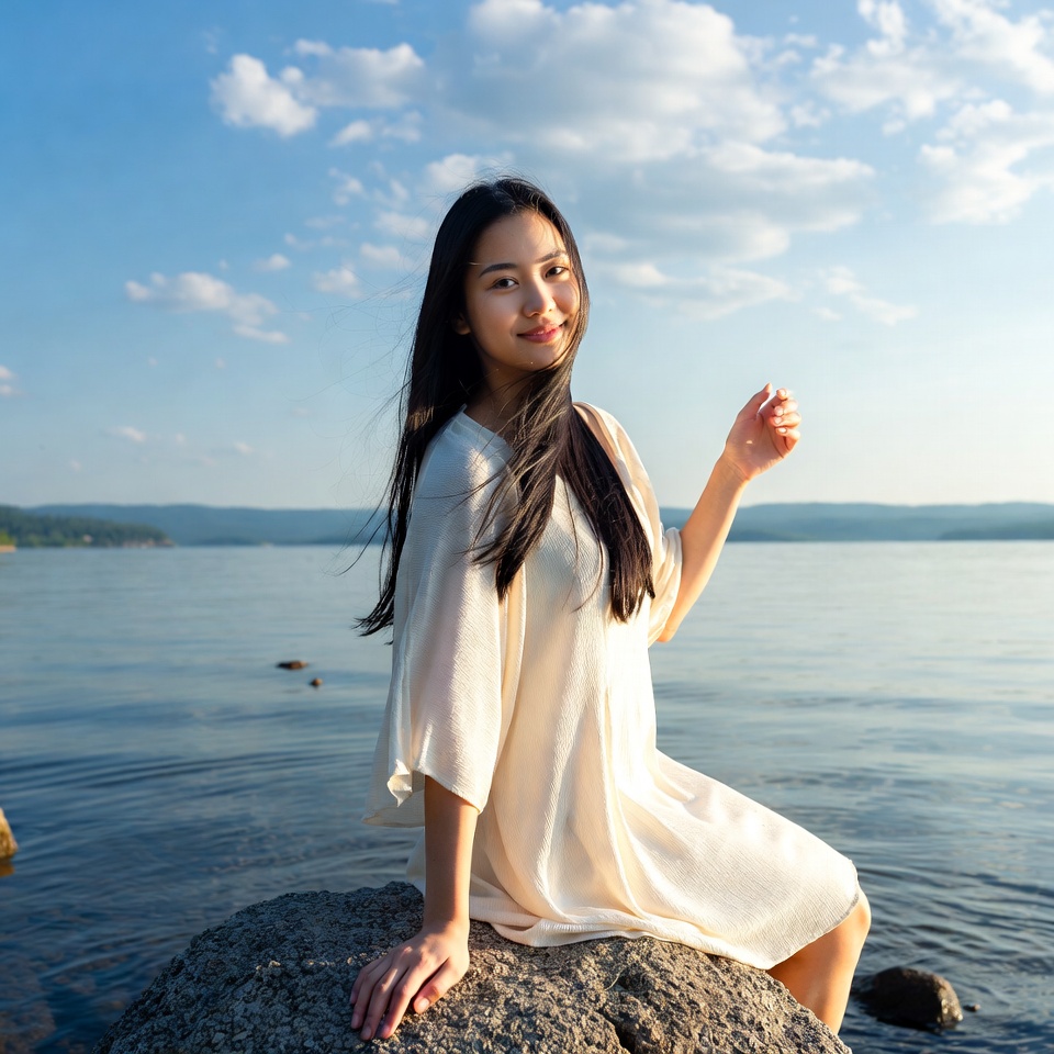 Asian woman sitting on rock by lake Asian woman sitting on rock by lake