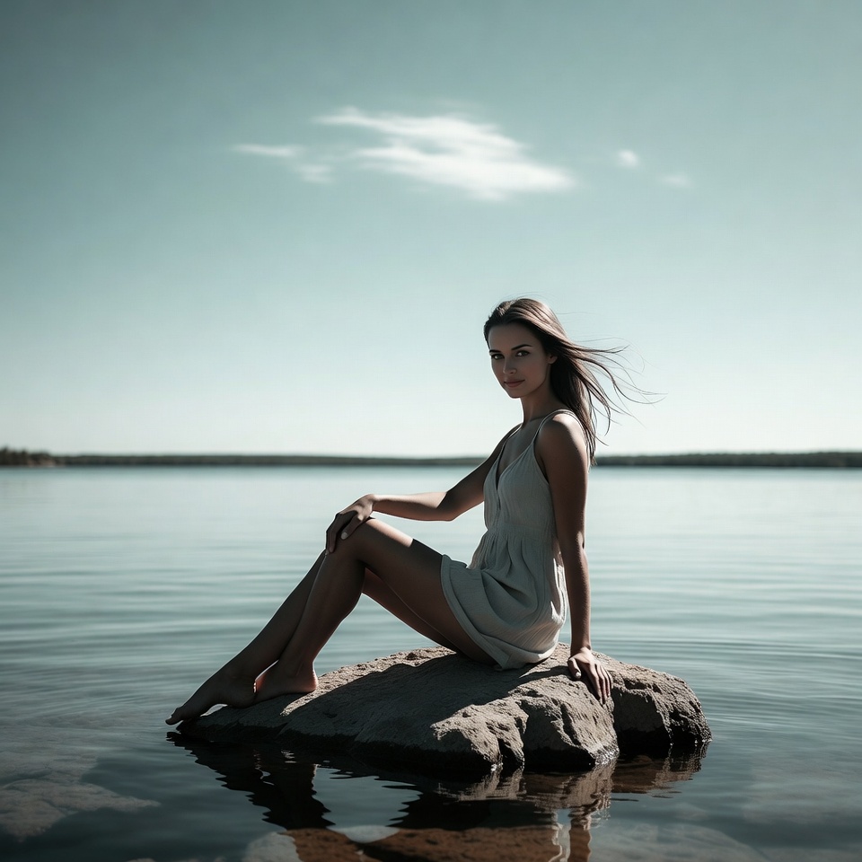 Woman sitting on rock by lake Woman sitting on rock by lake