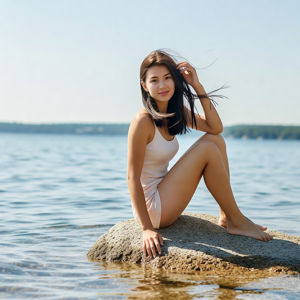 Asian woman sitting on rock by lake Asian woman sitting on rock by lake