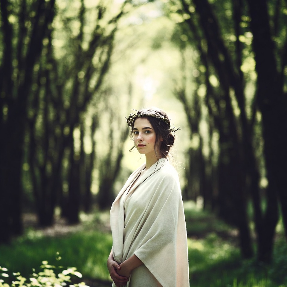 Woman in white dress forest path Woman in white dress forest path