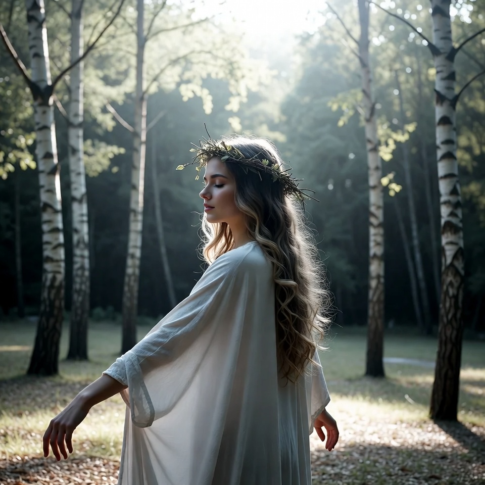 Woman with flower crown in birch forest Woman with flower crown in birch forest