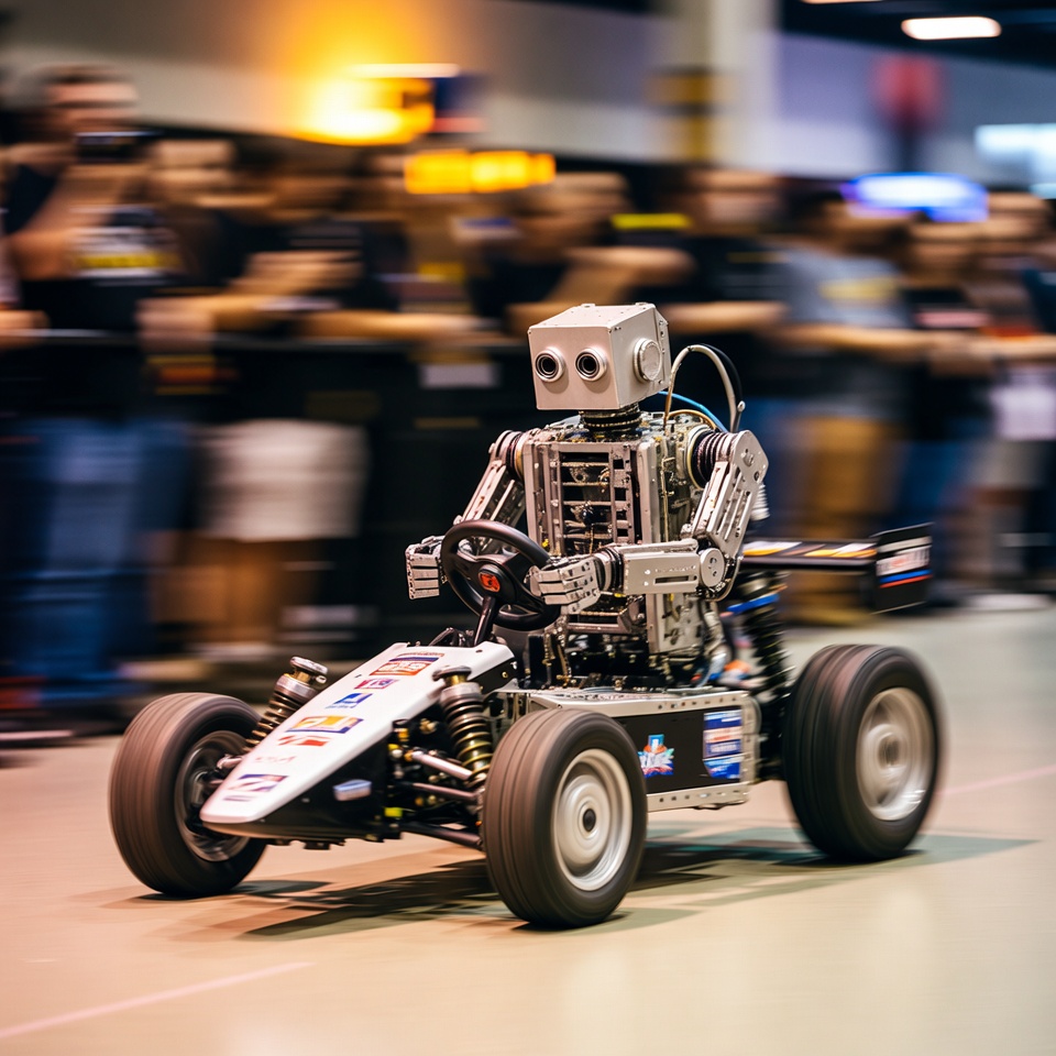 Robot Driving Race Car at Exhibition Robot Driving Race Car at Exhibition