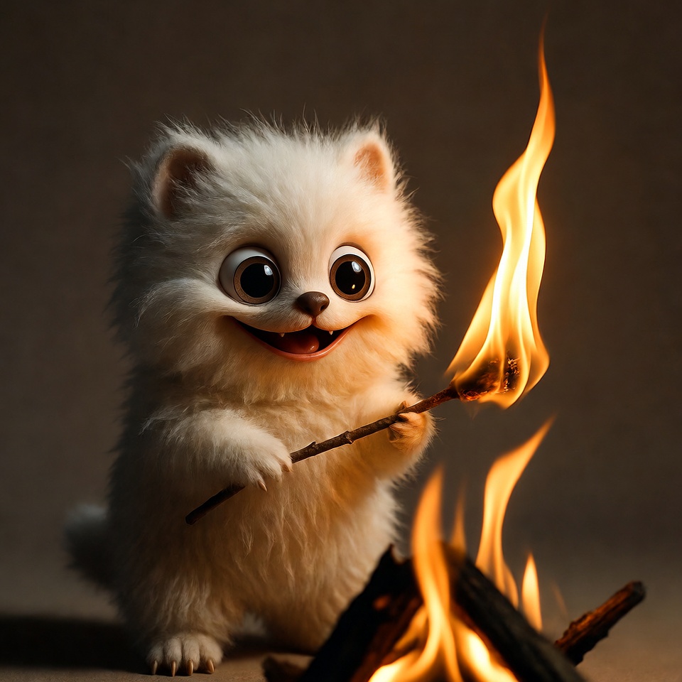 Cute white Pomeranian holding lit match Cute white Pomeranian holding lit match