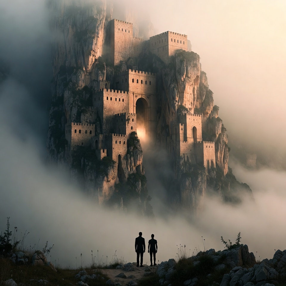 Two men viewing misty mountain castle Two men viewing misty mountain castle