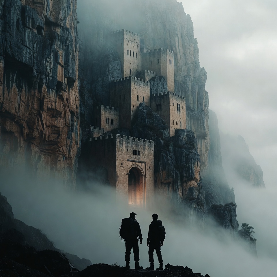 Two silhouetted men viewing misty cliffside castle Two silhouetted men viewing misty cliffside castle