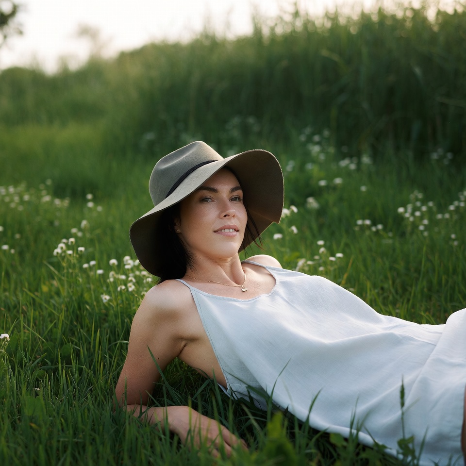 Woman in hat lying in grass Woman in hat lying in grass