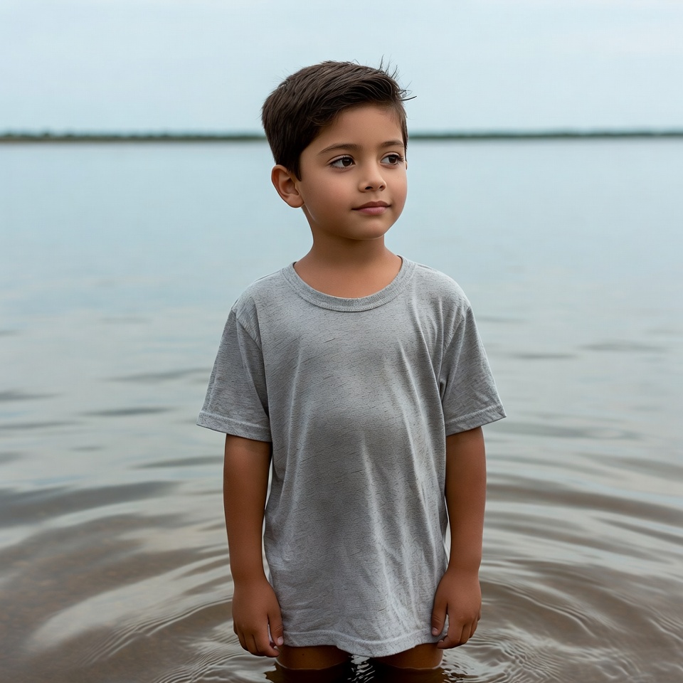 Young boy standing in shallow lake water Young boy standing in shallow lake water