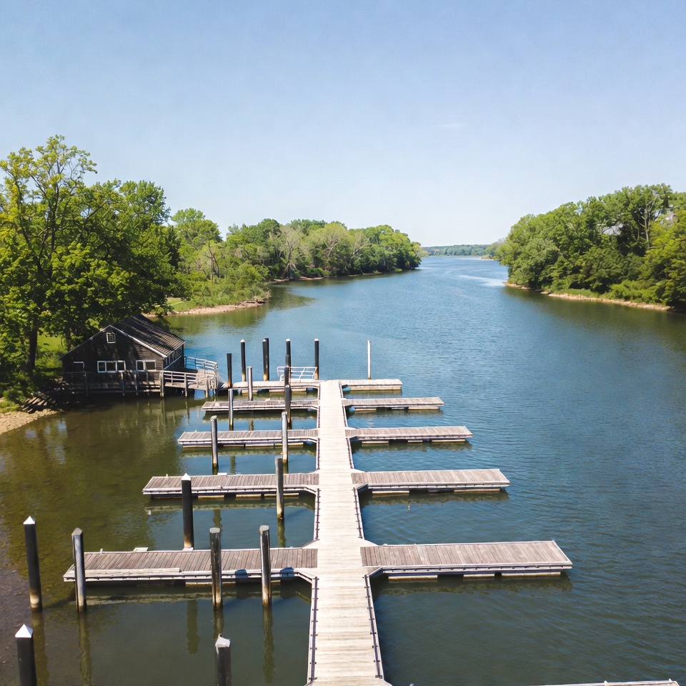 Wooden Docks on River with Cabin Wooden Docks on River with Cabin