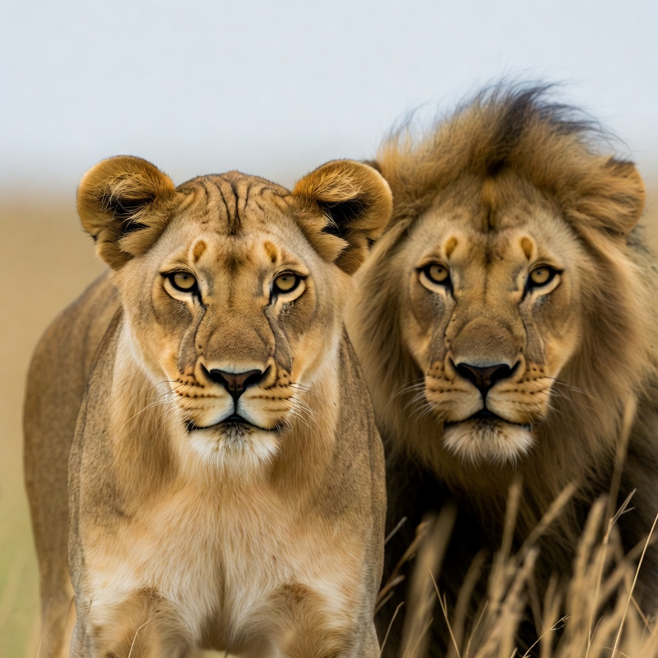 Lion and lioness in savanna grass Lion and lioness in savanna grass