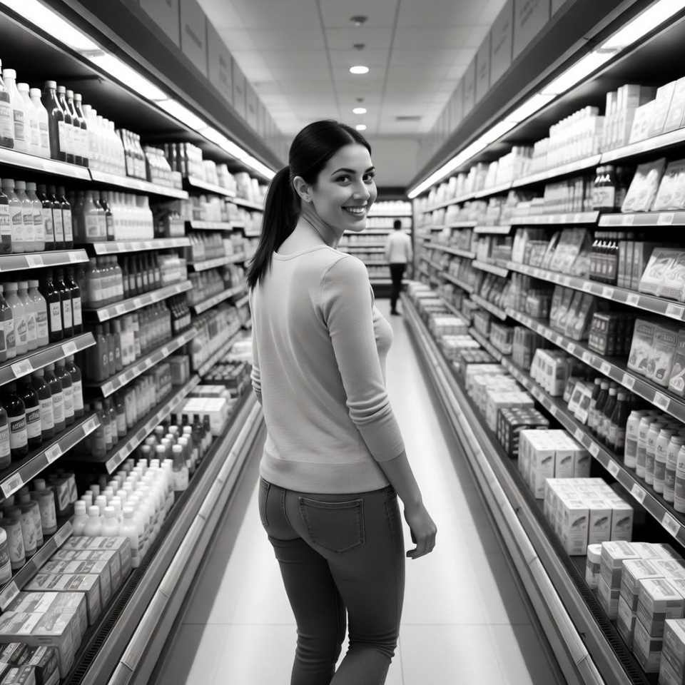 Woman walking in supermarket aisle Woman walking in supermarket aisle
