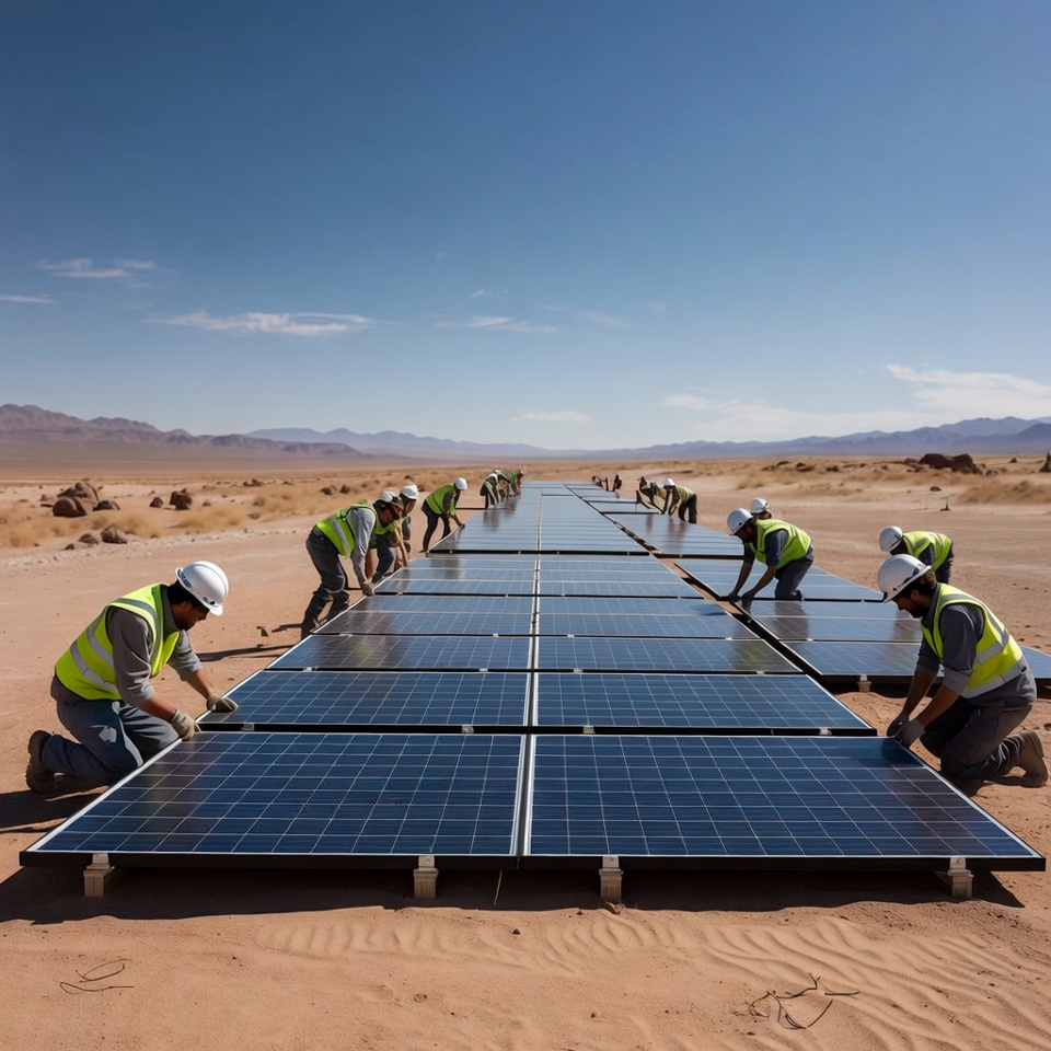 Workers installing solar panels in desert Workers installing solar panels in desert