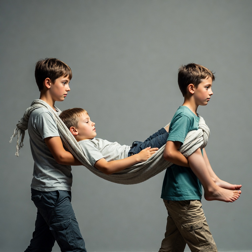Boys carrying injured boy on stretcher Boys carrying injured boy on stretcher