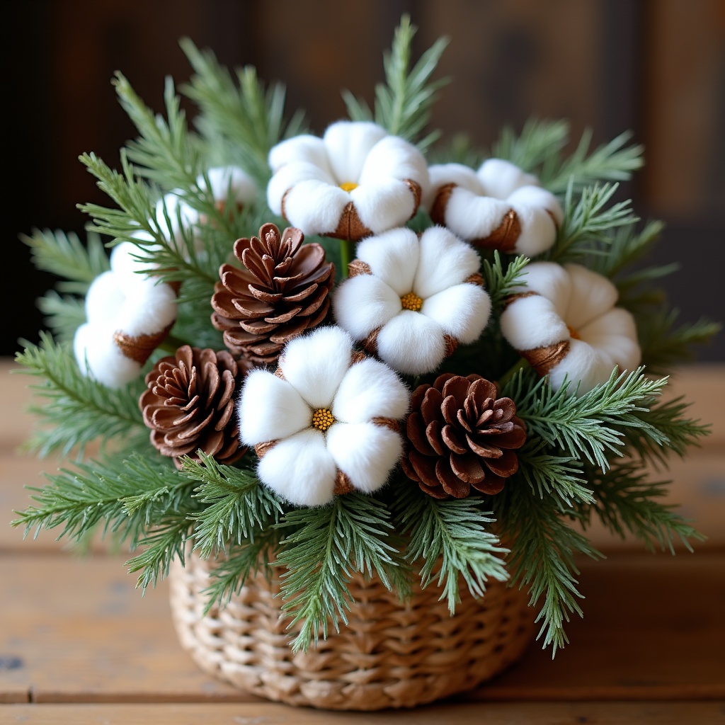 Cotton Flowers Pine Cones Wicker Basket Cotton Flowers Pine Cones Wicker Basket