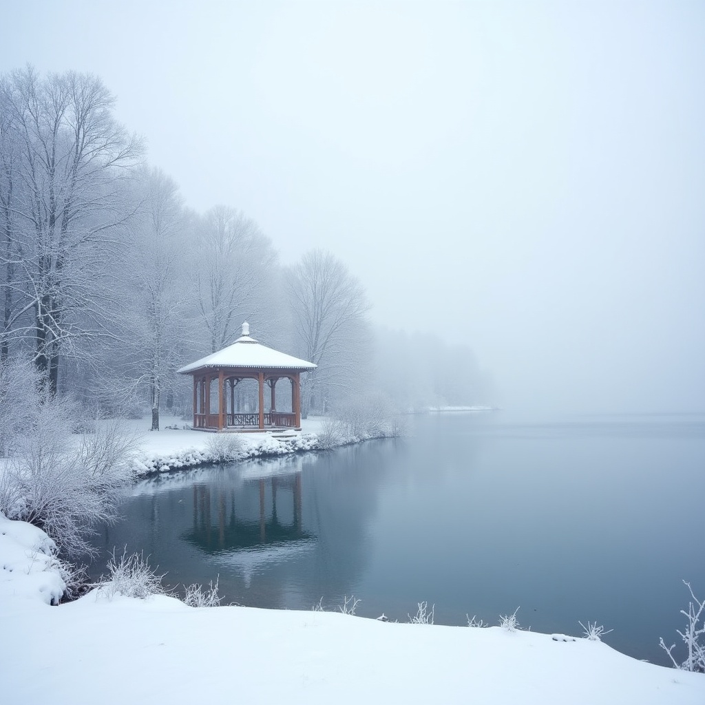 Snowy Gazebo by Foggy Lake Snowy Gazebo by Foggy Lake