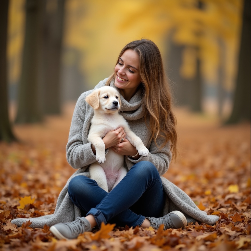 Woman holding golden retriever puppy in autumn forest Woman holding golden retriever puppy in autumn forest