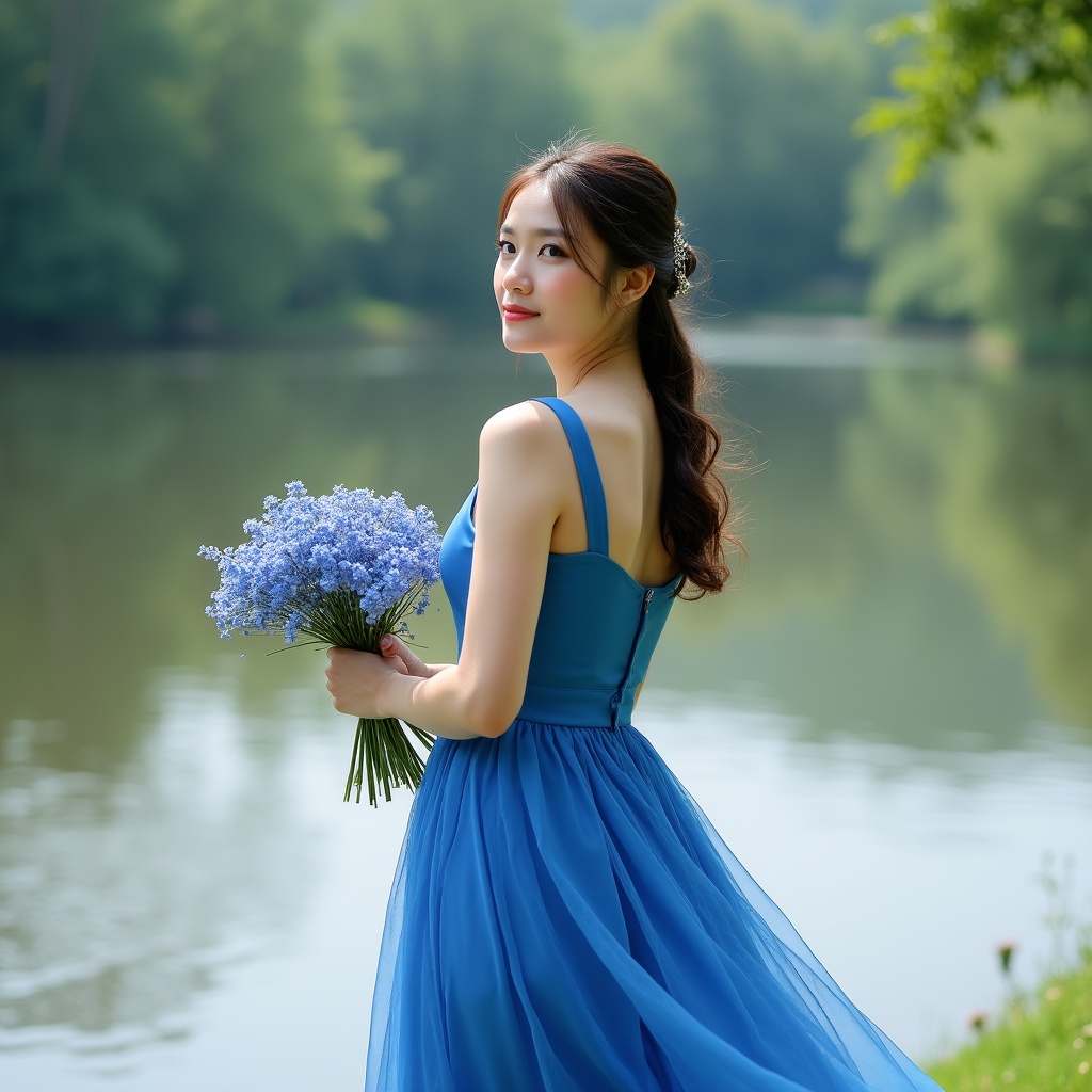 Asian woman holding blue flowers by lake Asian woman holding blue flowers by lake