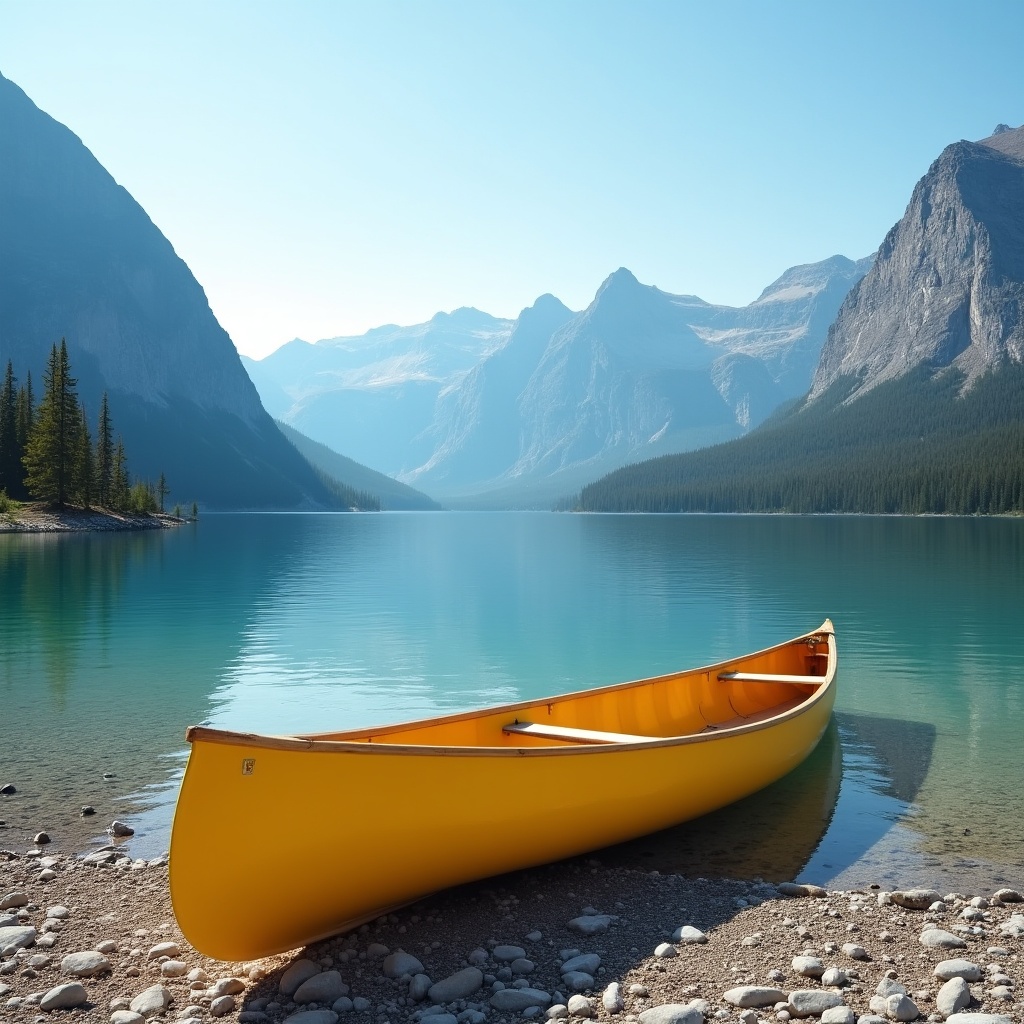 Yellow Canoe on Turquoise Lake Shore Yellow Canoe on Turquoise Lake Shore