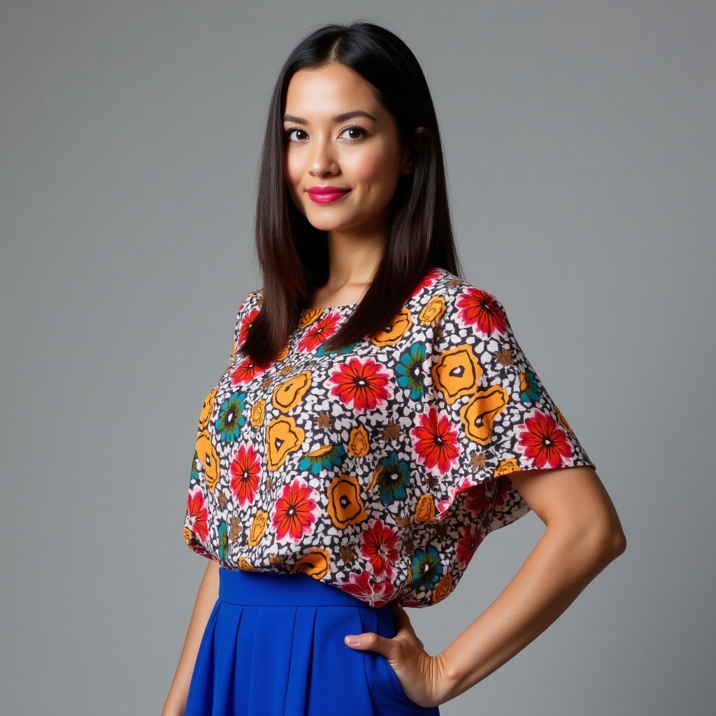 Asian woman in floral blouse and blue skirt Asian woman in floral blouse and blue skirt