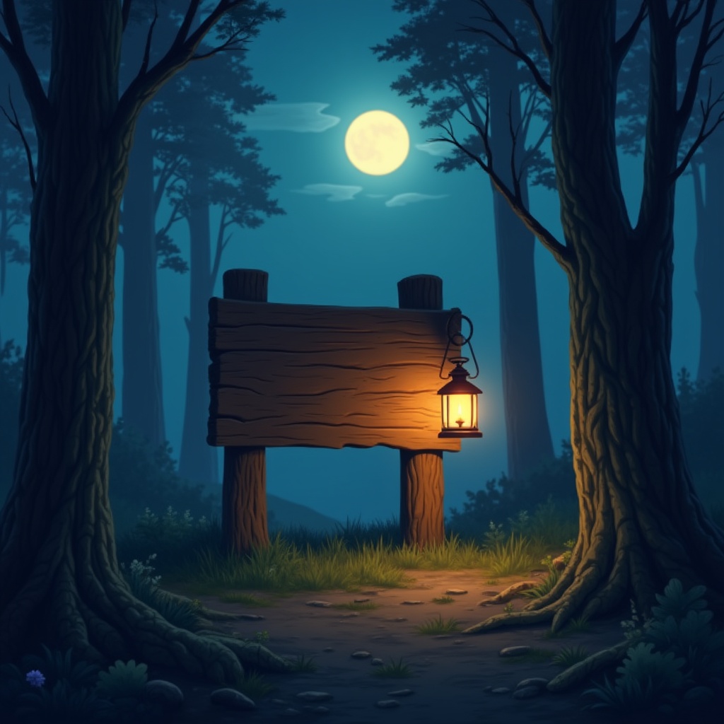 Wooden Signboard with Lantern in Moonlit Forest Wooden Signboard with Lantern in Moonlit Forest