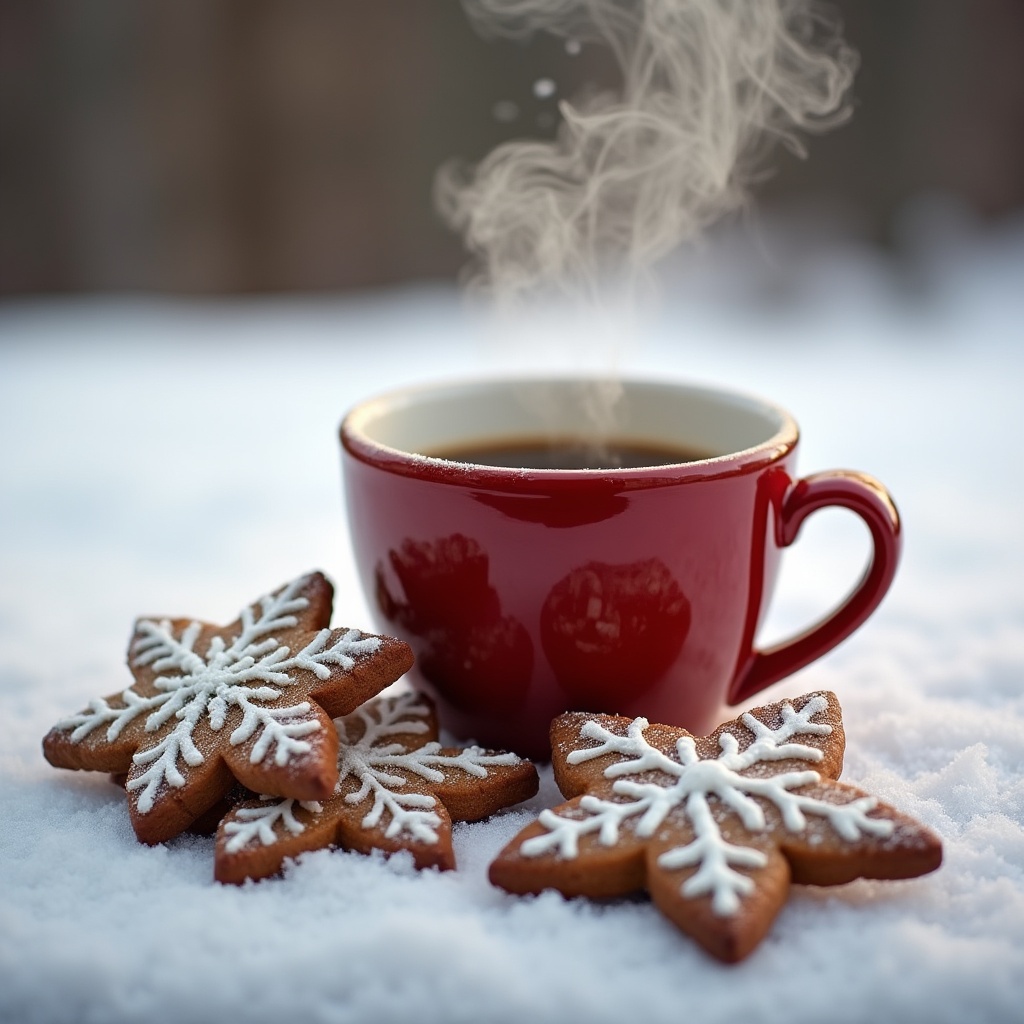 Red Cup of Coffee with Gingerbread Cookies on Snow Red Cup of Coffee with Gingerbread Cookies on Snow