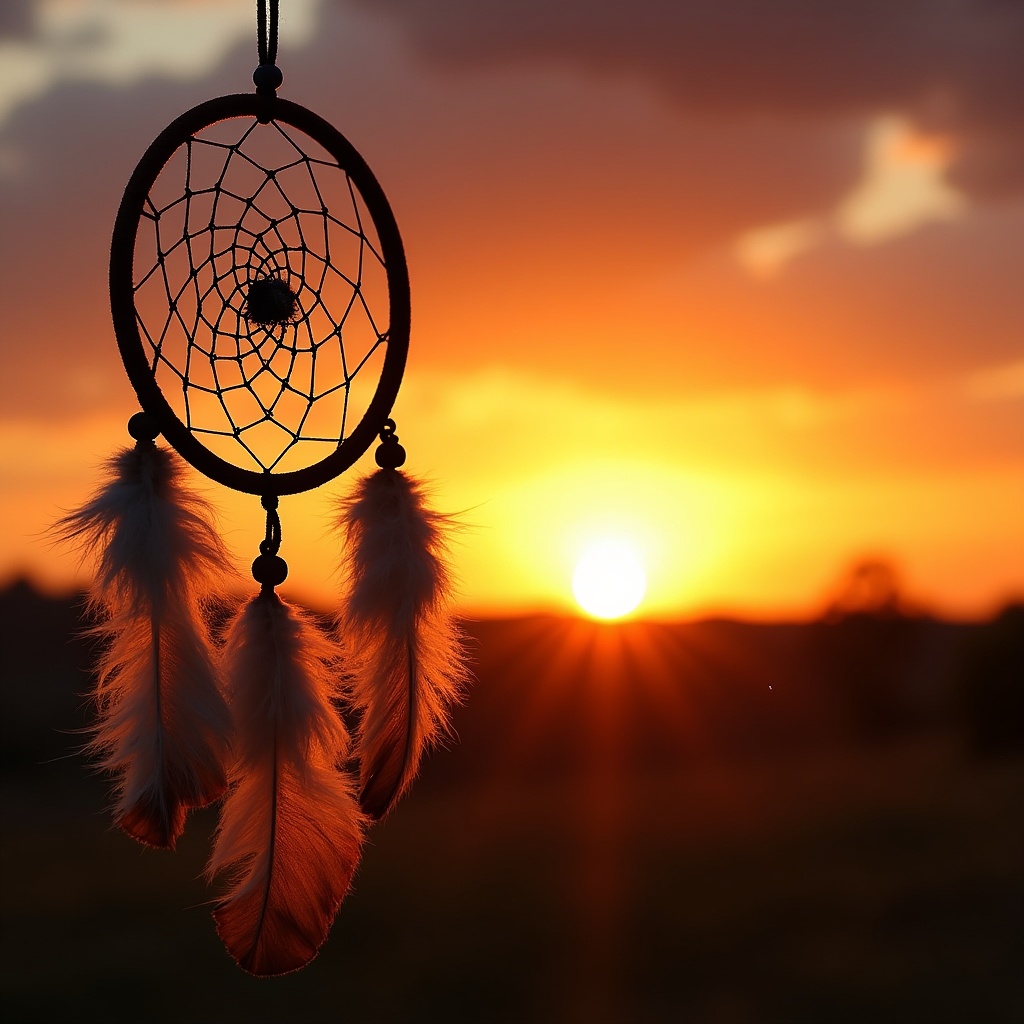 Dreamcatcher with feathers at sunset Dreamcatcher with feathers at sunset