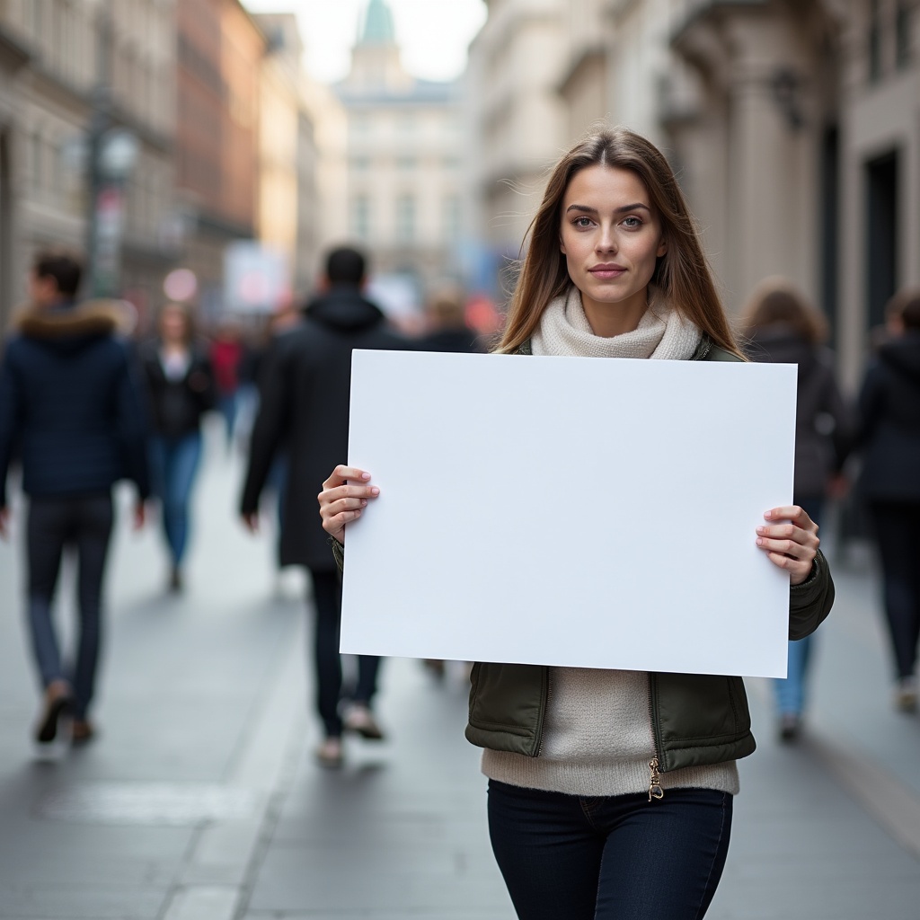 Woman holding blank sign on street Woman holding blank sign on street