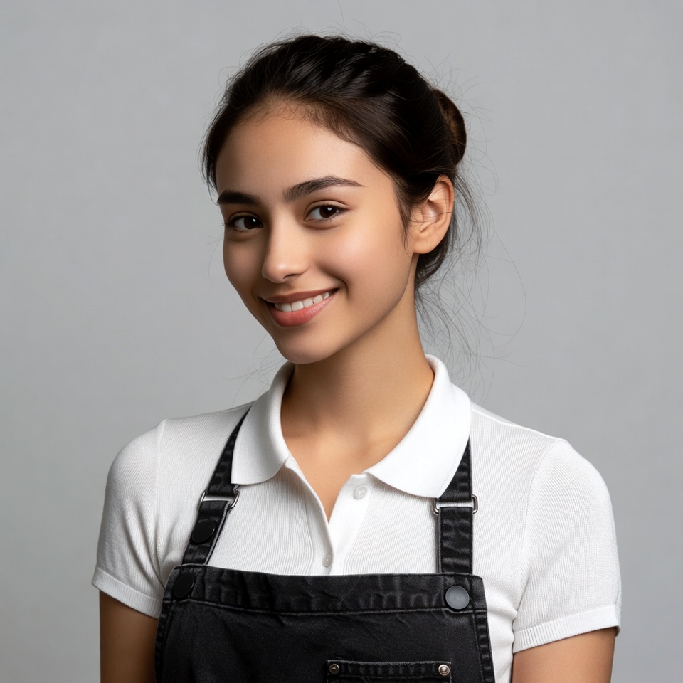 Smiling Asian woman in black apron Smiling Asian woman in black apron