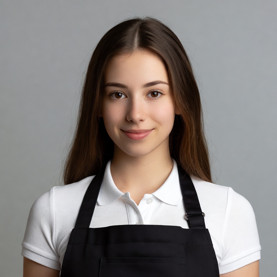 Young woman in white shirt and black apron Young woman in white shirt and black apron