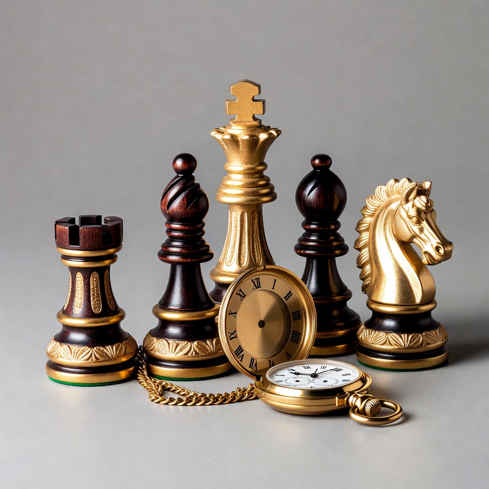 Chess pieces and pocket watch Chess pieces and pocket watch