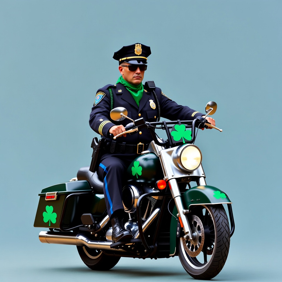 Policeman on green shamrock motorcycle Policeman on green shamrock motorcycle