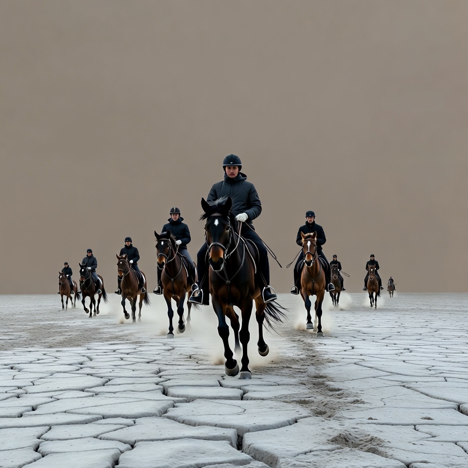 Group of men riding horses on salt flat Group of men riding horses on salt flat