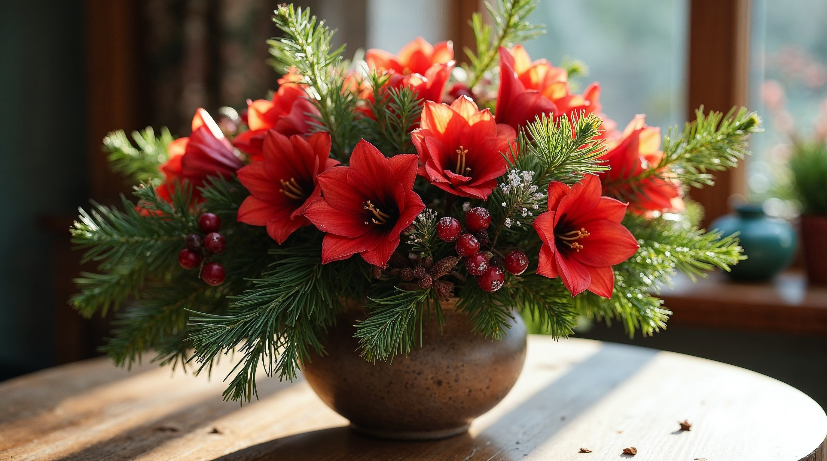 Red Amaryllis Flowers in Pine Christmas Arrangement Red Amaryllis Flowers in Pine Christmas Arrangement
