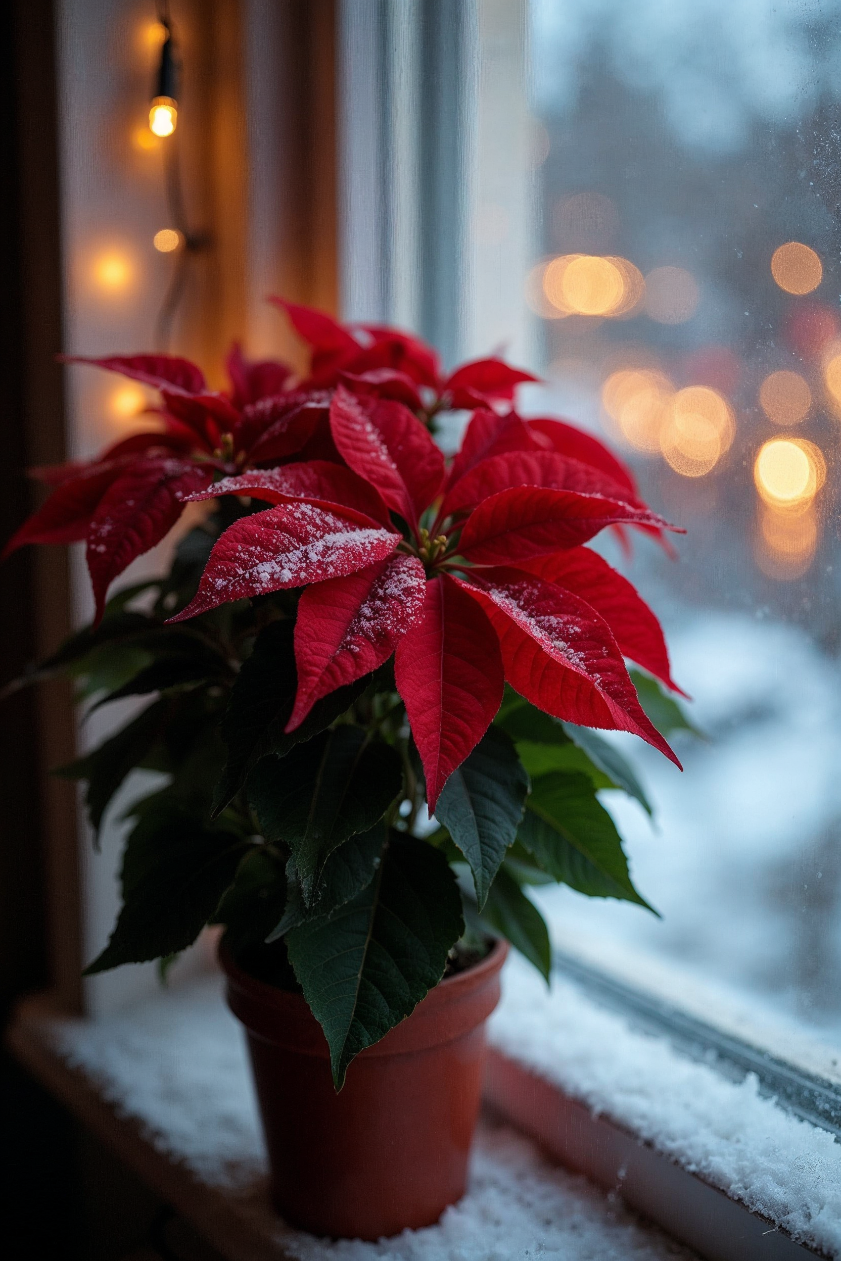 Snowy Poinsettia Plant on Windowsill Snowy Poinsettia Plant on Windowsill
