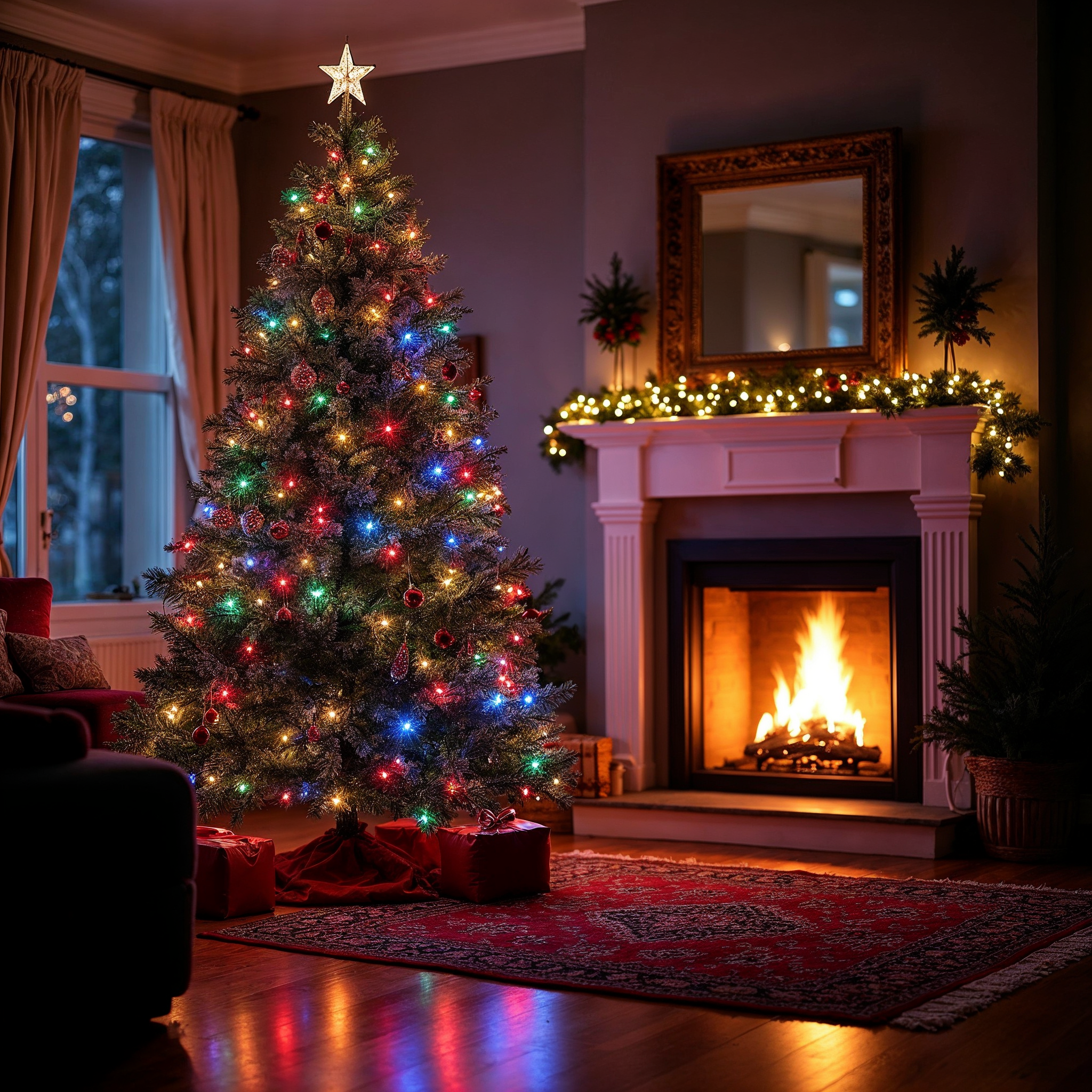 Lit Christmas Tree by Fireplace Lit Christmas Tree by Fireplace