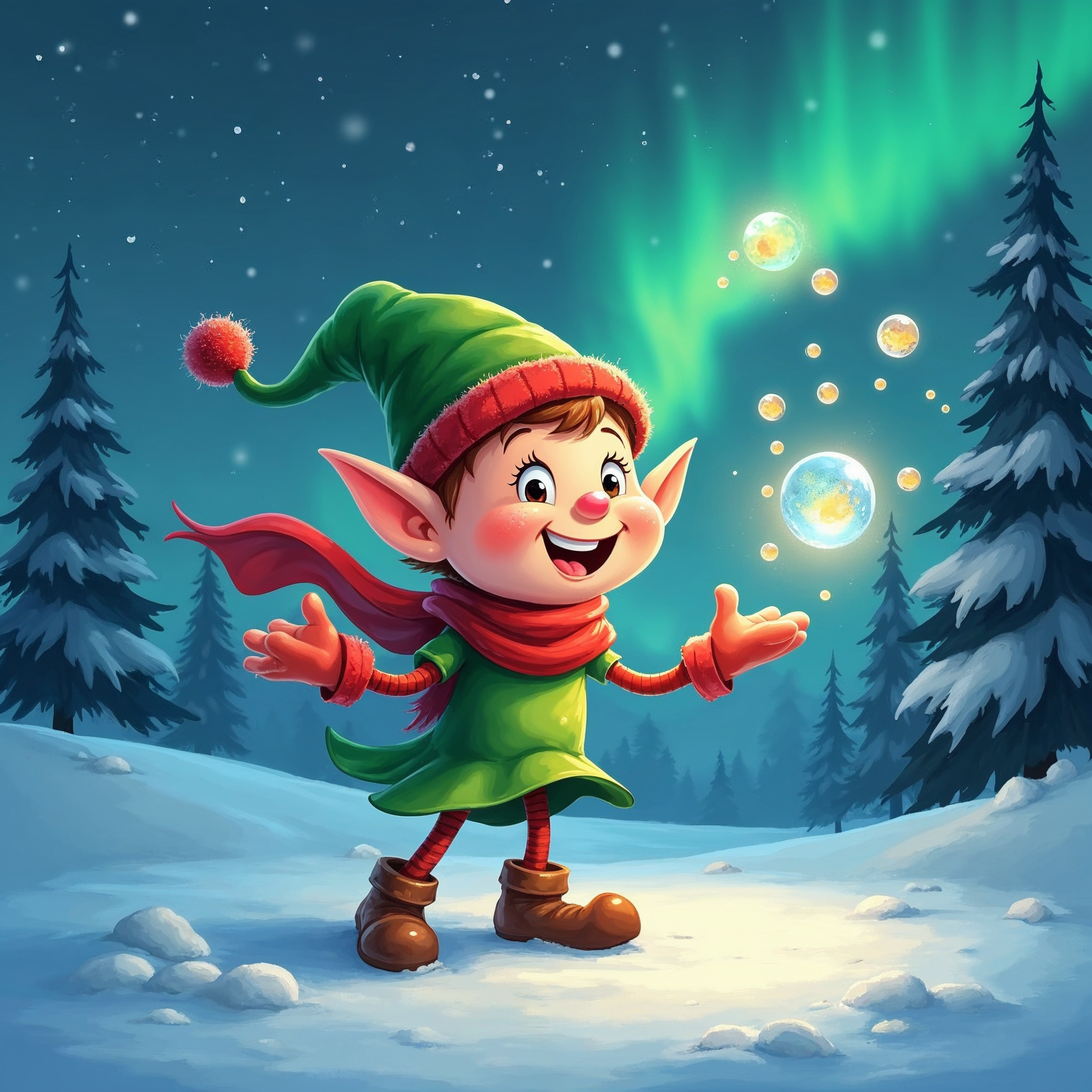 Cute elf blowing bubbles in snowy forest Cute elf blowing bubbles in snowy forest
