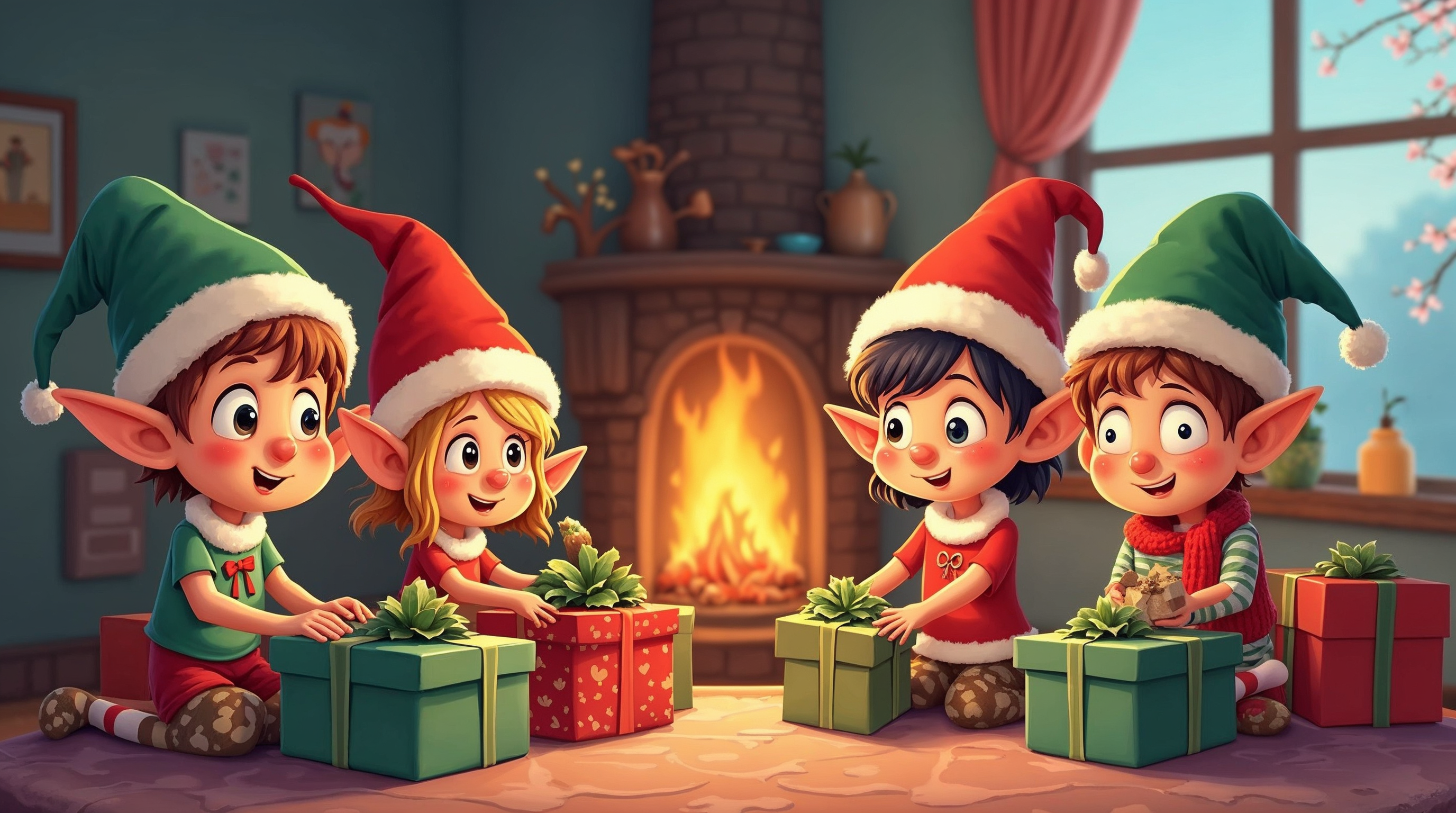 Four Elves Opening Christmas Presents Four Elves Opening Christmas Presents