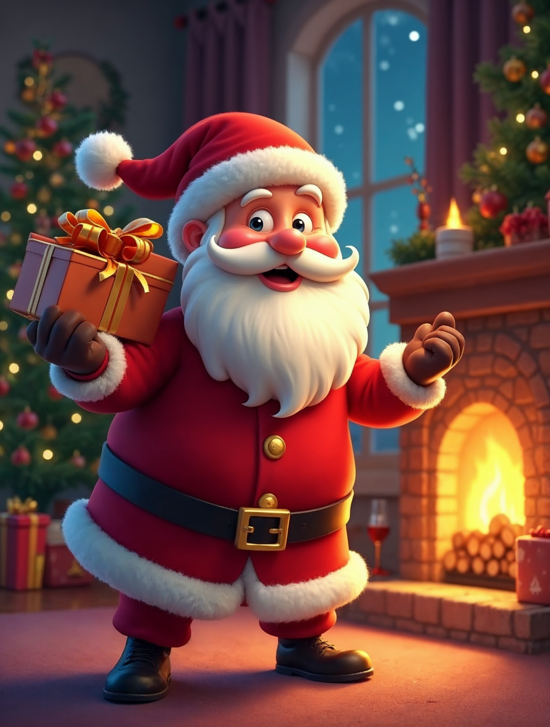 Cartoon Santa Claus holding gift by fireplace Cartoon Santa Claus holding gift by fireplace