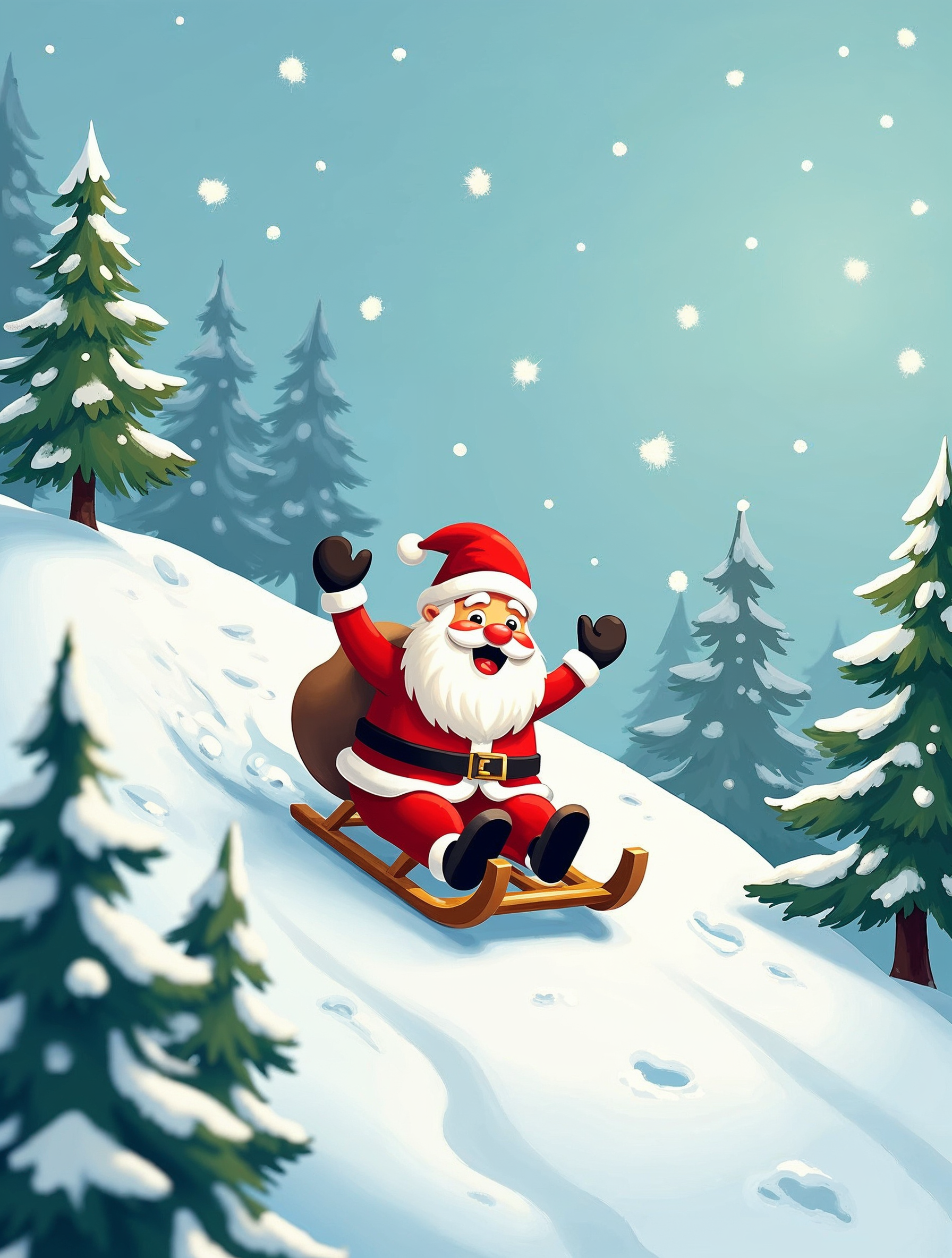 Santa Claus sledding down snowy hill Santa Claus sledding down snowy hill