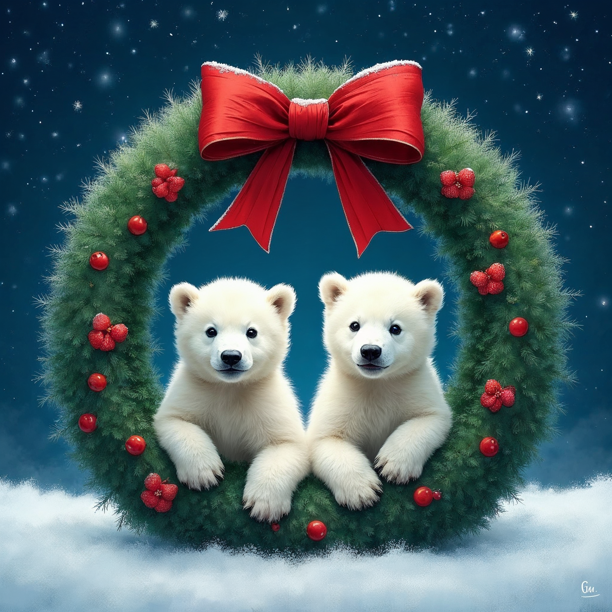 Polar Bear Cubs in Christmas Wreath Polar Bear Cubs in Christmas Wreath