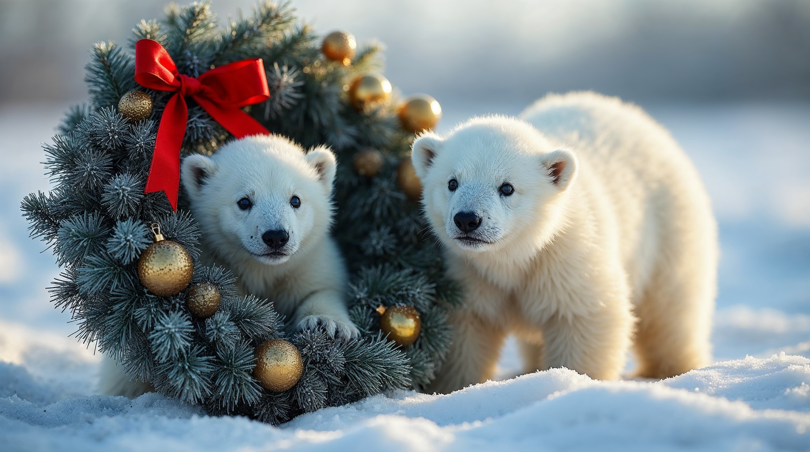 Polar Bear Cubs in Christmas Wreath Polar Bear Cubs in Christmas Wreath