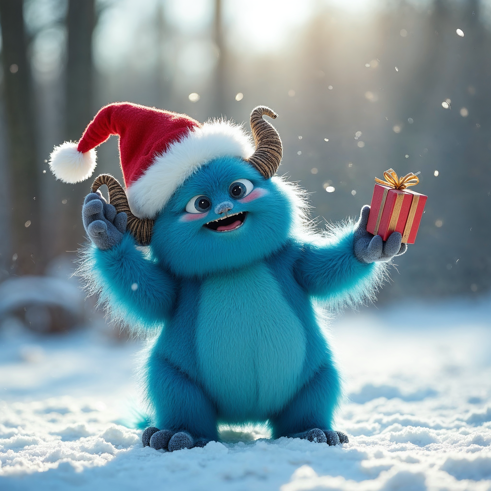 Blue furry monster holding Christmas gift Blue furry monster holding Christmas gift